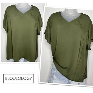 Blousology Olive Green V-Neck Blouse, Size 1X